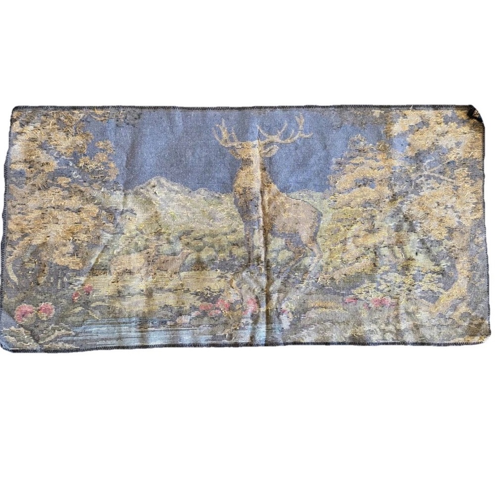 Vintage 70s Deer Stag Does Woodland Velvet Tapestry Rug Wall Picture 19x38” - Picture 5 of 5